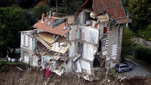 An aerial view shows damaged houses in Saint-Martin-Vesubie, southern France, as clean-up operations continue after storm Alex hit the Alpes-Maritimes department, bringing record rainfall in places and causing heavy flooding that swept away roads and damaged homes, France, October 6, 2020. REUTERS/Eric Gaillard