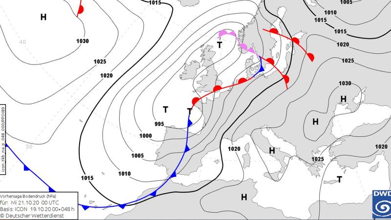 Sturmtief liegt über Nordwesteuropa und beeinflusst mit seinen Ausläufern weite Teile der iberischen Halbinsel, Frankreich, die Beneluxstaaten und Deutschland