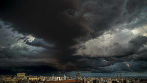 October 14, 2020, Barcelona, Catalonia, Spain: A dramatic cloudy evening sky is seen over Barcelona announcing possibly stormy times as the Catalan Government announces new restrictive measures to contain the ongoing and raising spread of the coronavirus Barcelona Spain - ZUMAo105 20201014_zap_o105_003 Copyright: xMatthiasxOesterlex 
