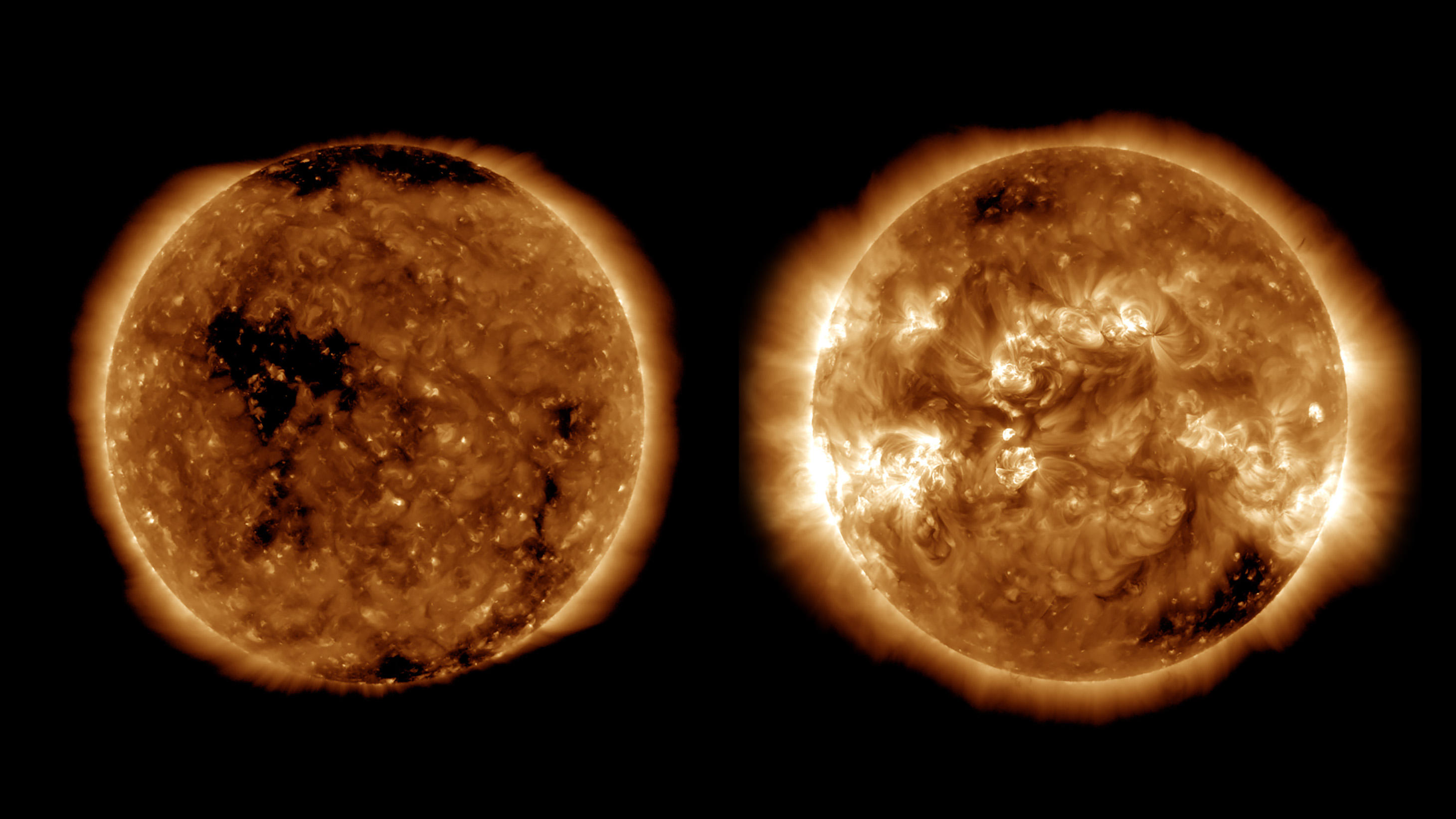 HANDOUT - 16.09.2020, ---: KOMBO - Wie in diesen UV-Aufnahmen zu sehen ist, zeigt sich die Atmosphäre der Sonne im Aktivitätsminimum (links, Oktober 2019) von ihrer eintönigen Seite, im Aktivitätsmaximum (rechts, April 2014) als wahres Feuerwerk. Die
