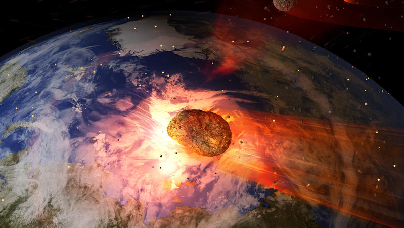 Die Illustration zeigt den Einschlag eines Asteroiden auf der Erde. Die Auswirkungen wären immens, denn Apophis könnte ein kleines Land vernichten.
