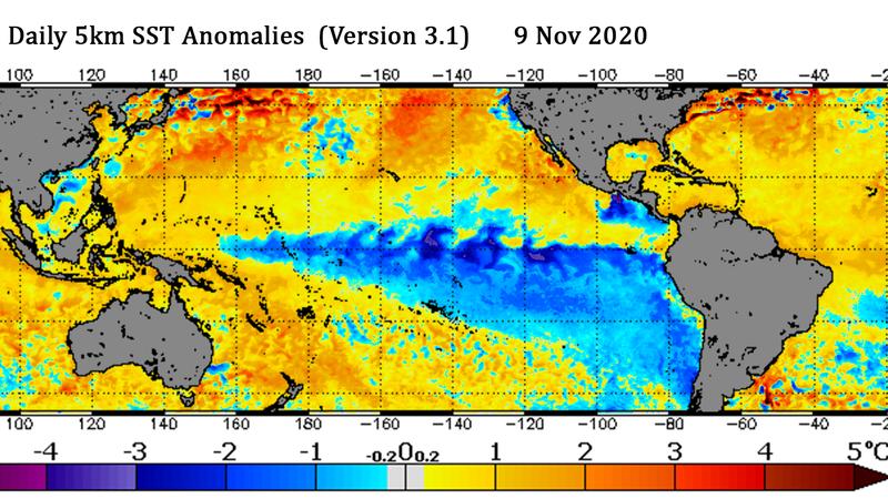Auf dieser Karte sieht man die Abweichung der Wassertemperaturen vom Durchschnittswert. Besonders groß ist die negative Abweichung über dem Pazifik. Ein eindeutiges Zeichen für La Nina.