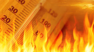 global warming climate change sign high temperature thermometer fire concept