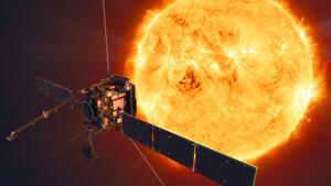 ARCHIV - 18.10.2019, ---: Die Sonde Solar Orbiter vor der Sonne (undatierte Grafik). Die Sonde soll auf ihrer Mission zur Sonne am 27.12.2020 ganz nah an der Venus, dem Nachbarplaneten der Erde, vorbeifliegen.       (zu dpa "Bremsen auf dem Weg zur Sonne - Orbiter fliegt an Venus vorbei") Foto: ATG medialab/ESA/dpa - ACHTUNG: Nur zur redaktionellen Verwendung und nur mit vollständiger Nennung des vorstehenden Credits +++ dpa-Bildfunk +++