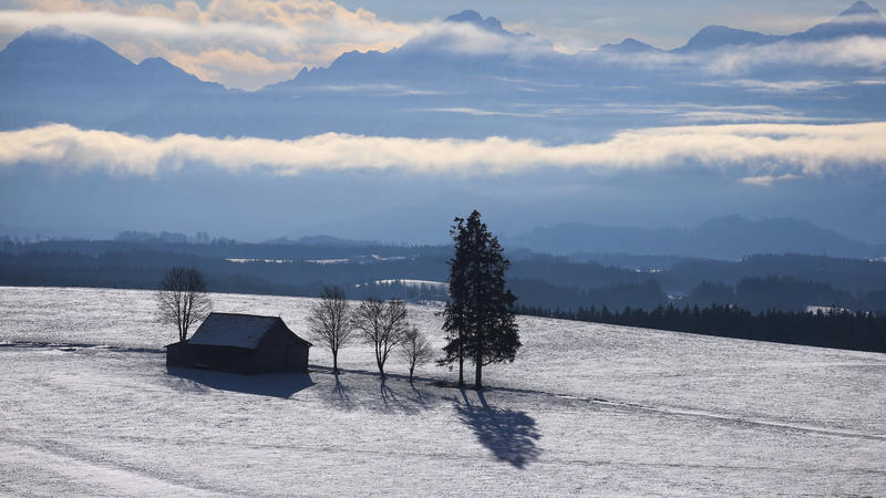 01.01.2021, Bayern, Aitrang: Eine Baumgruppe und eine Hütte stehen in schneebedeckter Landschaft vor dem Panorama der Alpen im Sonnenschein. Foto: Karl-Josef Hildenbrand/dpa +++ dpa-Bildfunk +++