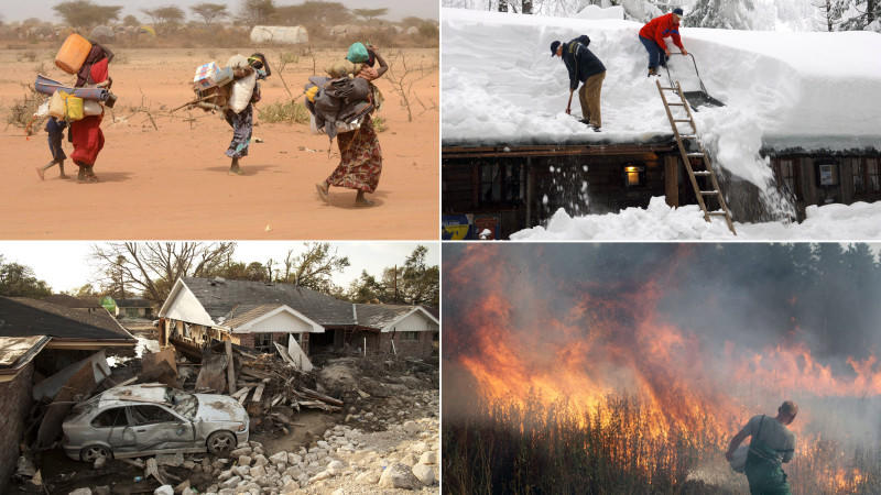 ARCHIV - Eine Bildkombo zeigt Naturkatastrophen wie die Dürre in Ostafrika 2011 (oben links), den sehr schneereichen Winter in Deutschland 2006 (oben rechts), die Wirbelsturm Katrina in den USA 2006 (unten links) und die Wald- und Torfbrände in Russl