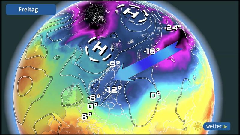 Die Graphik zeigt die eiskalte Wetterlage, die uns im Februar 2021 den Vorstoß des Sibirien-Winters bis nach Deutschland brachte. Ausgehend von einem Polarwirbel-Split war der Weg für die Polarhochs und die sibirische Luft frei.