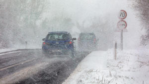 PXL_The cold front engulfed Istria, Croatia Road during the storm in Pula, Croatia on April 6, 2021. The announced cold front has reached Istria, snow is falling all over the county, mostly in the interior of the Istrian peninsula. SreckoxNiketic/PIXSELL 