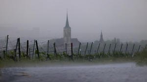 ARCHIV - 05.06.2021, Bayern, Iphofen: Im Starkregen liegen die Weinberge am Schwanberg vor dem Kirchturm des Ortes. (zu dpa: «Wenig Sonne, viel Regen: DWD blickt auf Hochwasser-Monat zurück») Foto: Karl-Josef Hildenbrand/dpa +++ dpa-Bildfunk +++