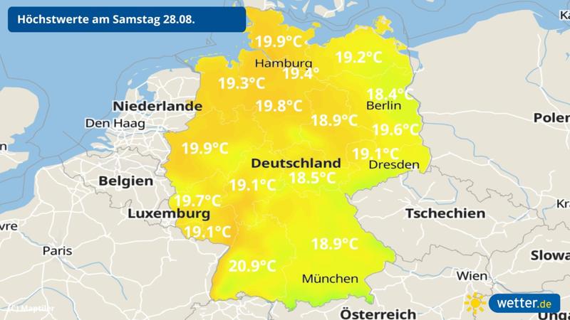 Die Grafik zeigt die Temperatur-Prognose für Samstag, 28.08.2021