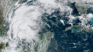 This satellite image provided by NOAA shows Tropical Storm Nicholas in the Gulf of Mexico on Sunday, Sept. 12, 2021. Tropical storm warnings have been issued for coastal Texas and the northeast coast of Mexico. Nicholas is expected to produce storm total rainfall of 5 to 10 inches, with isolated maximum amounts of 15 inches, across portions of coastal Texas into southwest Louisiana Sunday, Sept. 12 through midweek. (NOAA via AP)