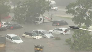 Cars stand amongst flood waters in Nimes, France September 14, 2021, in this screen grab obtained from a social media video. @DQUES82/via REUTERS THIS IMAGE HAS BEEN SUPPLIED BY A THIRD PARTY. MANDATORY CREDIT. NO RESALES. NO ARCHIVES.