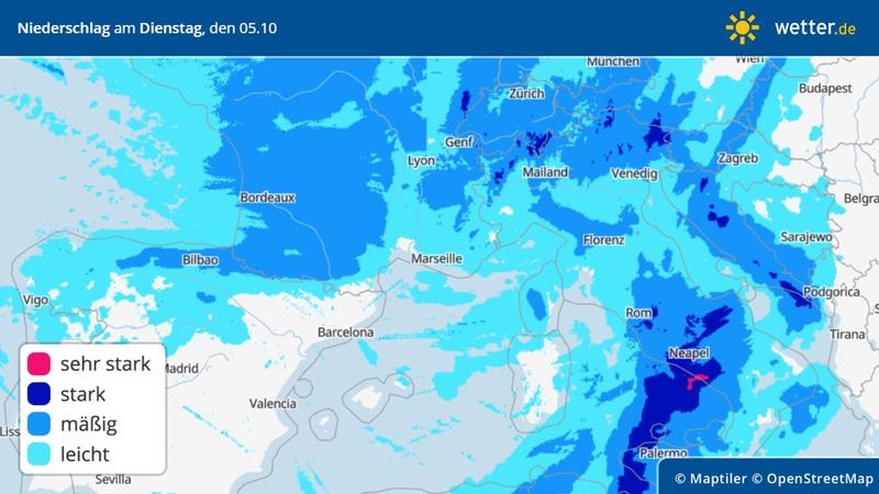 Prognose: regen in Frankreich am Dienstag, 05.10.2021