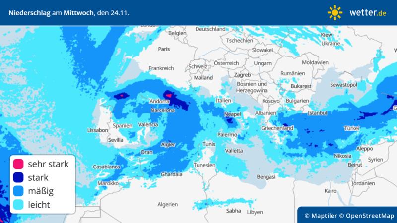 Große Regenmengen über Spanien, Frankreich und Italien