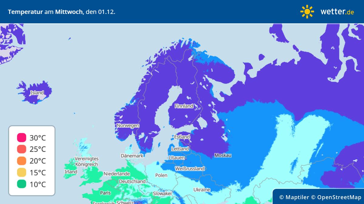 Temperaturprognose: Höchstwerte für den 01.12.2021: Vor allem über Nord- und Nordosteuropa bleiben die Höchstwerte tief im Eiskeller
