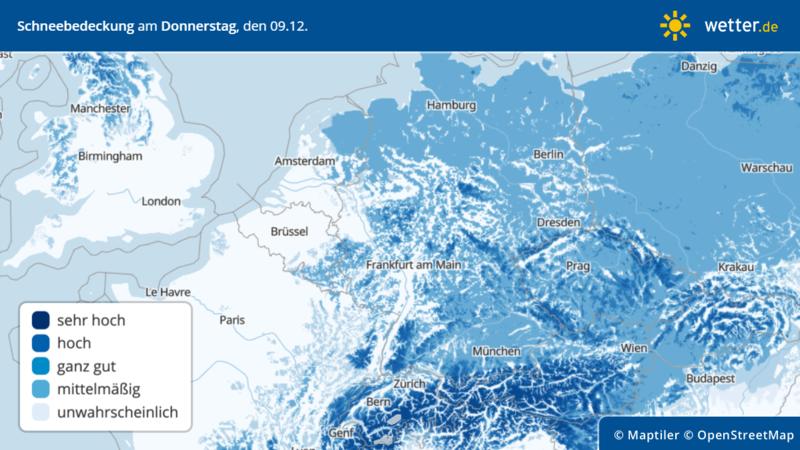 Prognose Schneehöhe für Deutschland für den Donnerstag, 09.12.2021: Das sieht gar nicht so schlecht aus für Schnee im ganzen Land