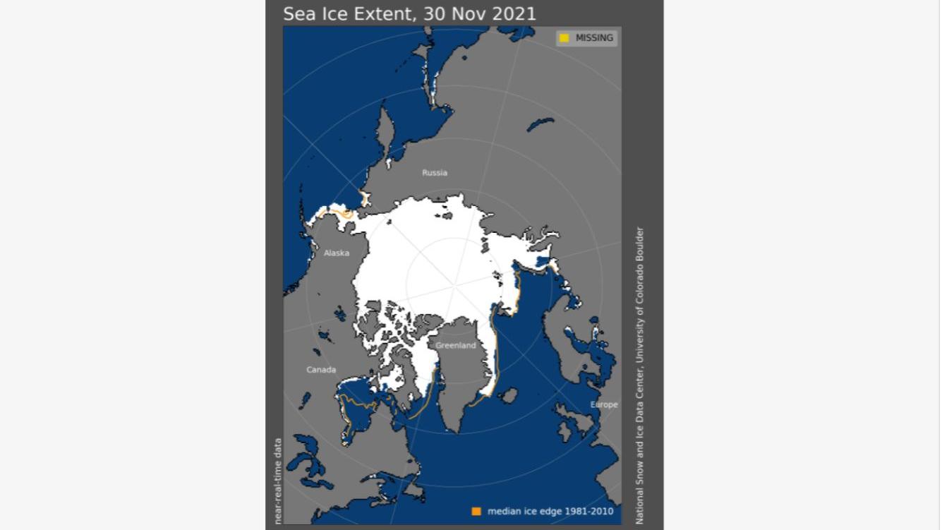 Ausbreitung Meereis bis Ende November. Lediglich Richtung Nordamerika gibt es noch nicht so viel Eis wie normal.