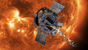 HANDOUT - 01.08.2018, ---: Die Computergrafik zeigt die «Parker Solar Probe»-Sonde der US-Raumfahrtbehörde Nasa auf dem Weg zur Sonne. Die Nasa-Sonde «Parker Solar Probe» ist durch die äußere Atmosphäre der Sonne geflogen und hat damit nach Angaben der US-Raumfahrtbehörde als erstes Raumschiff diesen Stern berührt. (Zu dpa «Nasa-Sonde berührt als erstes Raumschiff die Sonne») Foto: -/AP/dpa - ACHTUNG: Nur zur redaktionellen Verwendung und nur mit vollständiger Nennung des vorstehenden Credits +++ dpa-Bildfunk +++