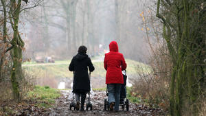 Zwei Frauen gehen am Montag (10.12.2007) bei Krümmel mit ihren Kinderwagen einen Waldweg entlang. Am Dienstag (11.12.2007) bleibt das Wetter in Norddeutschland unbeständig mit Tageshöchstwerten zwischen 5 und 7 Grad. Foto: Sebastian Widmann dpa/lno +++(c) dpa - Report+++ | Verwendung weltweit