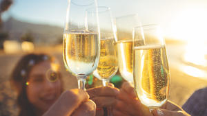 Group of friends making a champagne toast on the beach. The party is on the beach at sunset. Everyone is looking cool, laughing and smiling.
