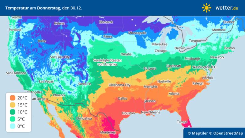 Die Grafik zeigt die Temperaturverteilung in Nordamerika am Donnerstag: Im Nordwestet ist es richtig kalt.