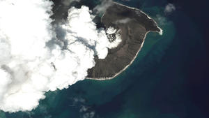 FILE - This satellite image provided by Maxar Technologies shows an overview of Hunga Tonga Hunga Ha'apai volcano in Tonga on Dec. 24, 2021. Three of Tonga's smaller islands suffered serious damage from tsunami waves, officials and the Red Cross said Wednesday, Jan. 19, 2022, as a wider picture begins to emerge of the damage caused by the eruption of an undersea volcano near the Pacific archipelago nation. (Satellite image Â©2022 Maxar Technologies via AP, File)