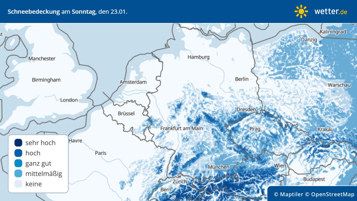 Prognose Schneebedeckung für Sonntag, 23.01.2022: Der Norden und Westen hat keine Chancen im Flachland