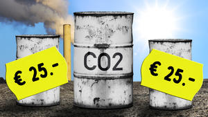 Tonnen mit Aufschrift CO2 und Preisetiketten, Symbolfoto CO2-Bepreisung und CO2-Steuer