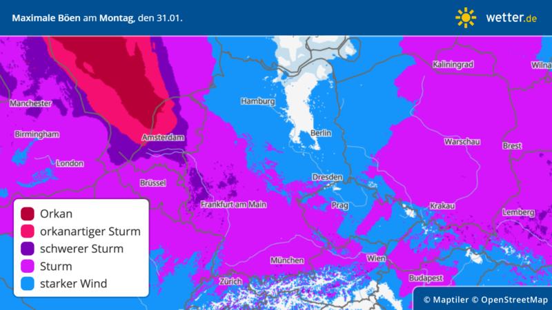 Prognose maximale Böen am Montag, 31.01.2022: Im Westen und Süden wird es am windigsten