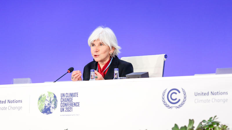 Laurence Tubiana, CEO of the European Climate Foundation speaks during Energy Transition Council session during the during the fifth day of the COP26 UN Climate Change Conference, held by UNFCCC inside the COP26 venue - Scottish Event Campus in Glasg