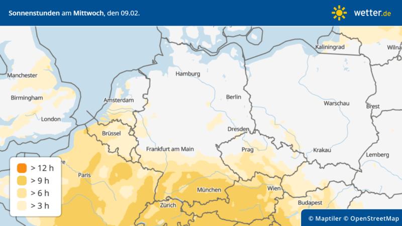 Sonnenscheindauer am Mittwoch: Im Süden kommt einiges zusammen.