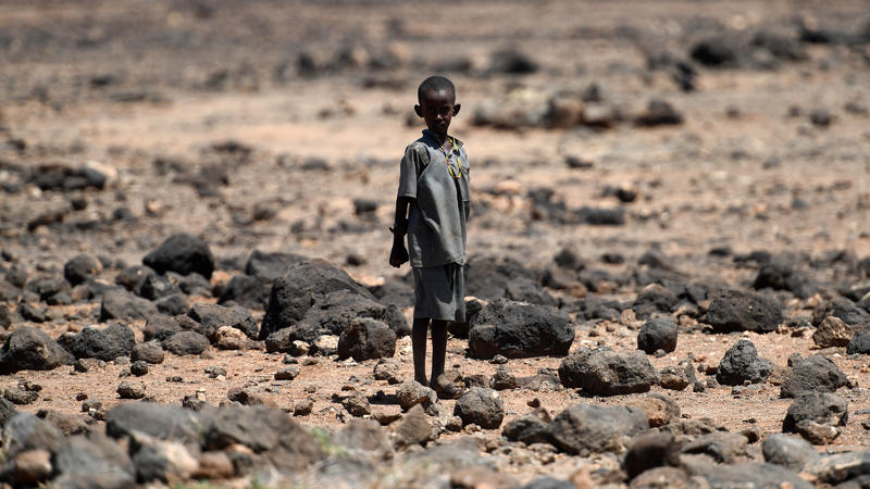 Hunger in Afrika - ein Kind steht in einer kargen Steinwüste