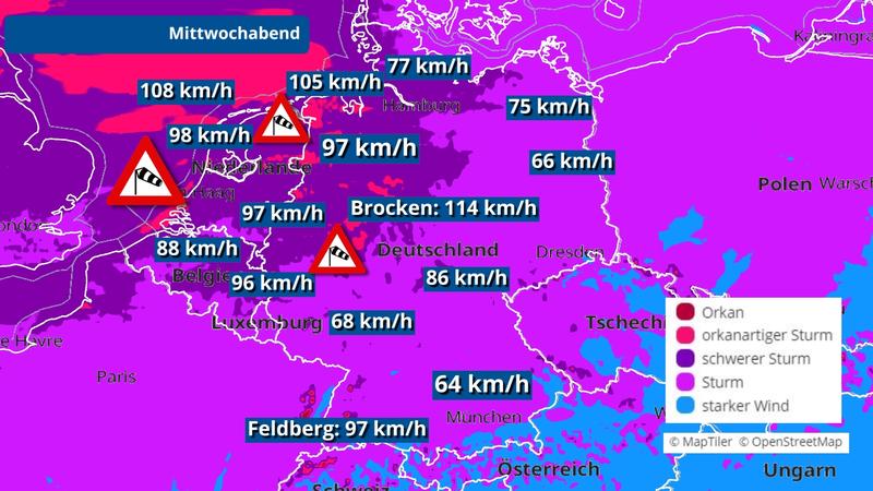 Die Deutschlandkarte zeigt die Sturm- und Orkangefahr am Mittwochabend. Hiernach würde die stärksten Windböen den Nordwesten treffen.