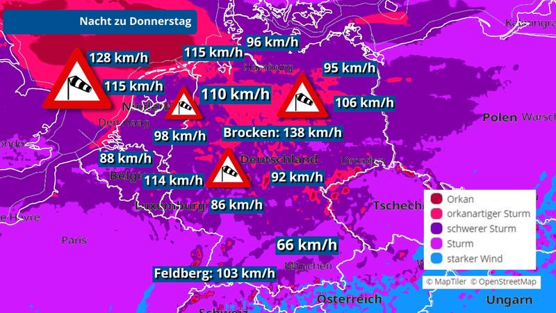 Die Deutschlandkarte zeigt die Sturm- und Orkangefahr in der Nacht zu Donnerstag. Hiernach würden die stärksten Windböen den gesamten Norden treffen
