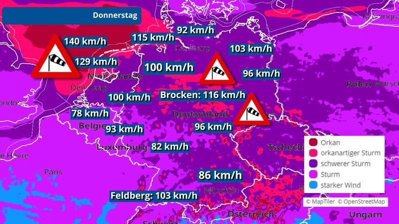 Die Deutschlandkarte zeigt die Sturm- und Orkangefahr am Donnerstag. Hiernach würde fast ganz Deutschland getroffen werden