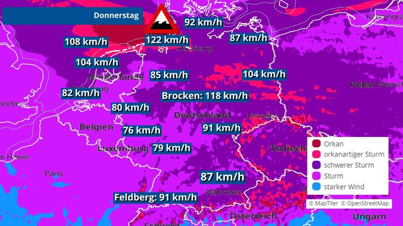 Die Deutschlandkarte zeigt die Sturm- und Orkangefahr am Donnerstag. Hiernach würde fast ganz Deutschland getroffen werden