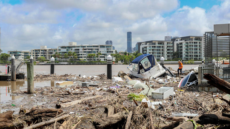 Debris is seen piled up at Hawthorne Ferry Terminal in Brisbane, Thursday, March 3, 2022. Isolated heavy falls and flash flooding are possible in Queensland as thunderstorms threaten to hamper the mammoth clean-up effort in the southeast.
