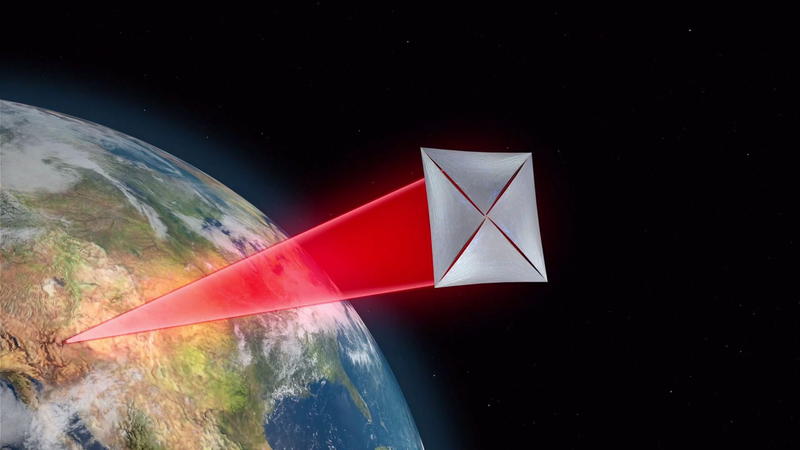 Ein Laser zielt auf das Lichtsegel einer Raumsonde und beschleunigt das Gefährt auf 60.000 km/s