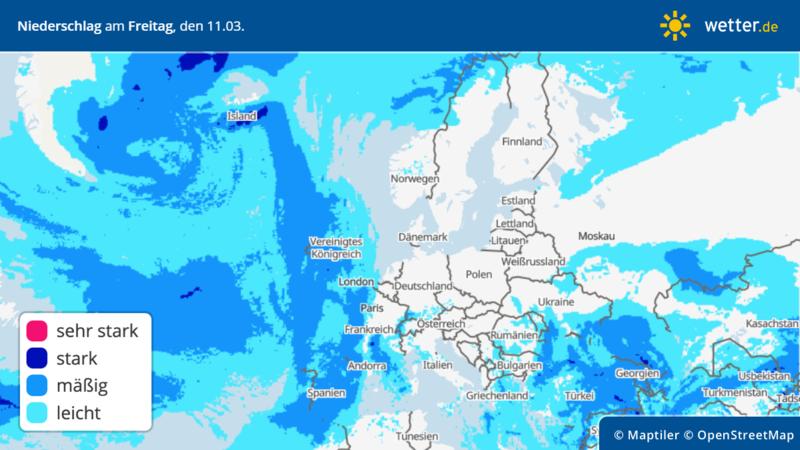 Die Grafik zeigt den Niederschlag am Freitag, 11.03.2022: Portugal, Spanien und Frankreich kriegen Niederschläge ab.