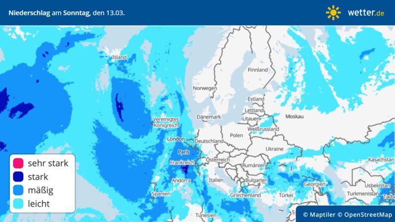 Die Grafik zeigt den Niederschlag am Samstag, 13.03.2022: In Südwesteuropa gibt es noch einen Nachschlag an Regen.