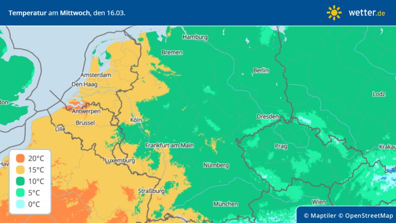Die Grafik zeigt die Höchstwerte für Mittwoch, 16.03.2022: Über Frankreich werden die 20 Grad vermehrt erreicht. In Deutschland werden es nur wenige Orte im Westen/Südwesten weden.