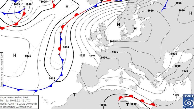 Die Grafik zeigt den Bodendruck über Europa am Samstag 19.03.2022
