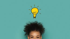 Brainstorming and inspiration concept. Glowing idea lamp above african woman head, turquoise panorama background