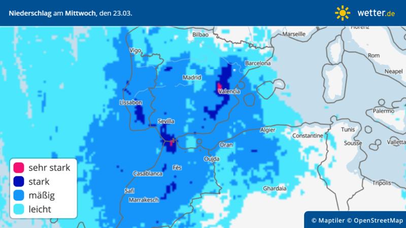 Unsere Spanienkarte zeigt die zu erwartenden Regenmengen am Mittwoch, 23. März 2022