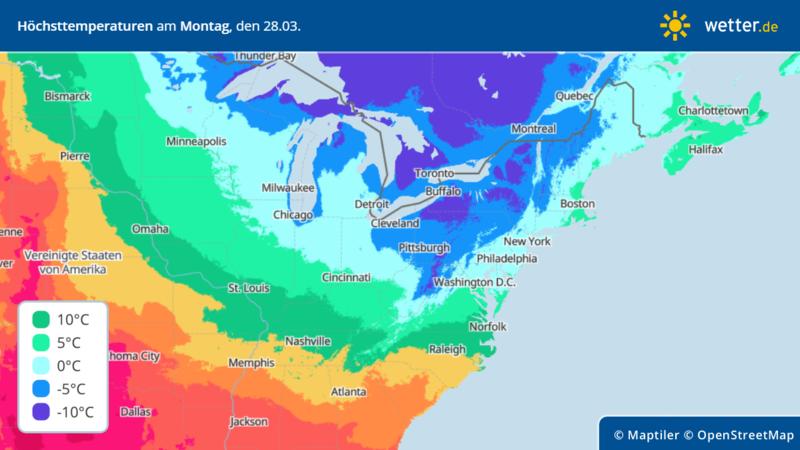 Höchsttemperaturen im Osten der USA und Kanadas am Montag, 28. März