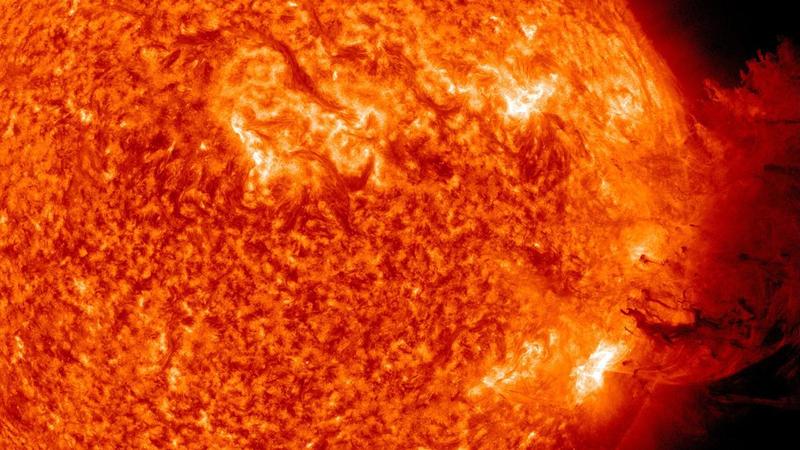 The Sun unleashed an M-2 (medium-sized) solar flare, an S1-class radiation storm and a spectacular coronal mass ejection (CME) on June 7, 2011. The large cloud of particles mushroomed up and fell back down looking as if it covered an area of almost h