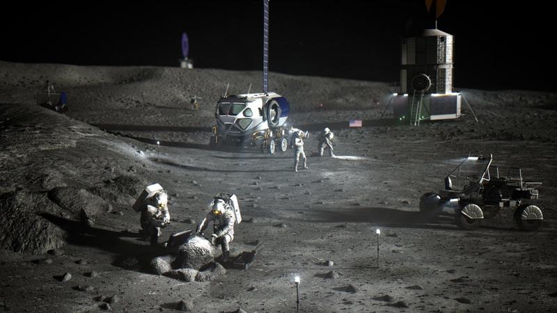 Astronauten erkunden die Gegend um die Basisstation auf dem Mond