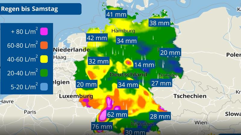 Die Grafik zeigt die Regensummen für Deutschland bis Samstag: Viel Regen im Süden