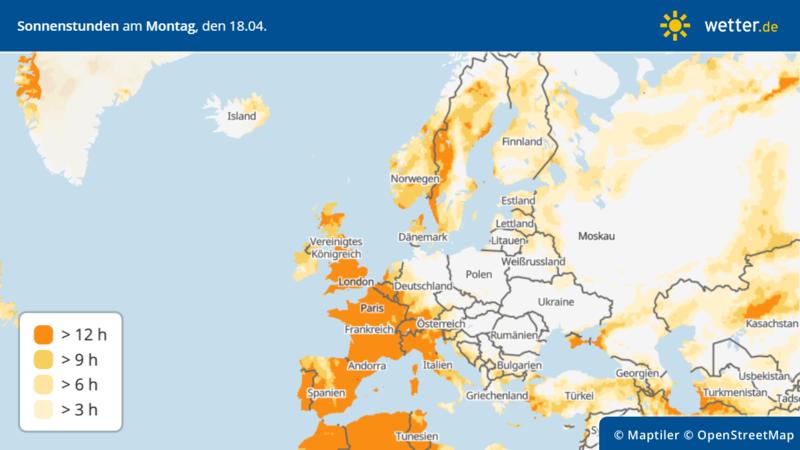 Die Grafik zeigt die Prognose der Sonnenstunden für Europa für den 18.04.2022: West- und Südwesteuropa weiter klar im Vorteil