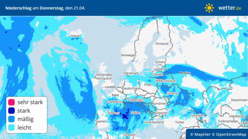 Die Grafik zeigt die Niederschläge über Europa für Donnerstag, 21.04.2022